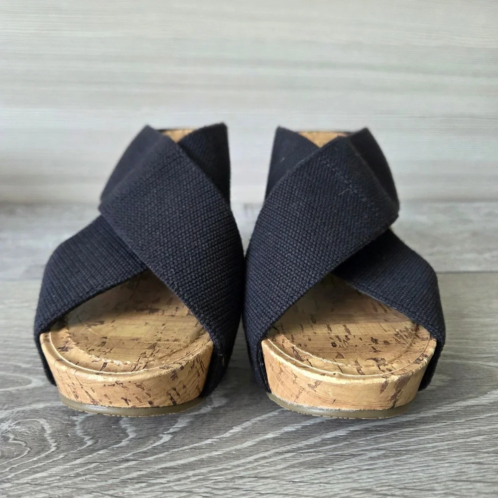 Esprit Womens 7 Black Canvas Studded Cork Wedge Platform Sandals Y2K Boho Slides